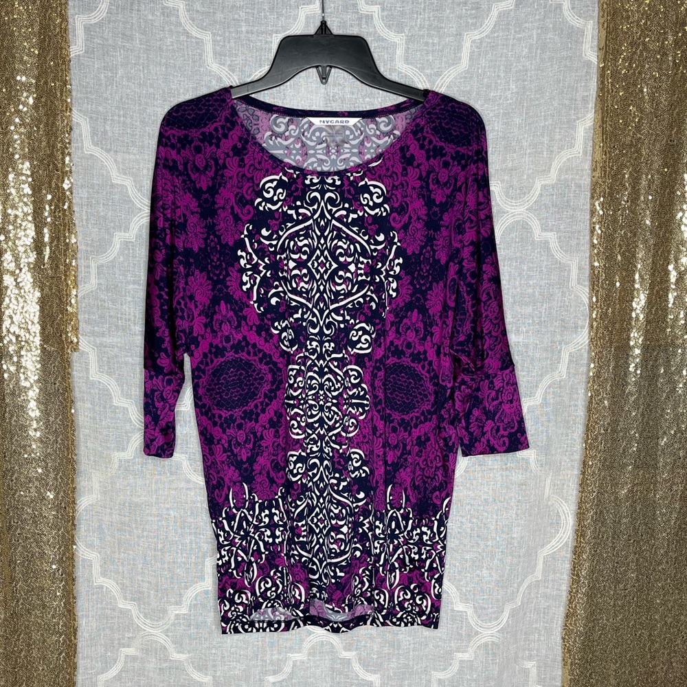 Peter Nygard Purple Navy White Floral Top Size Petite Small 3/4 sleeve